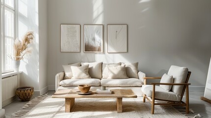 Elegant living room with a velvet sofa, a statement armchair, and art prints on the wall