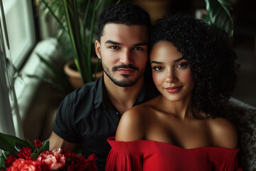 Obraz premium Sophisticated Couple Sitting on Couch in Front of Window with Valentine's Day Flowers
