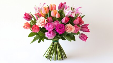 Vibrant bouquet of fresh roses, tulips, and lilies arranged in a stunning composition