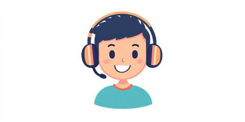 A cheerful boy wears a headset while enjoying a digital interaction during his online activities