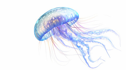 A 3d cartoon jellyfish with a translucent body and flowing tentacles, floating on a white background. Surreal Translucent Creatures. Illustration