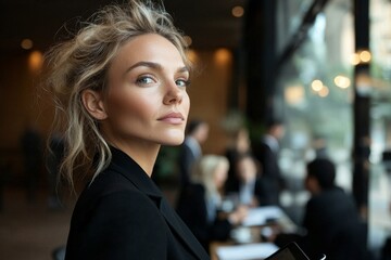 A confident woman business owner, dressed in a formal suit, walks through the office with a digital tablet to monitor the working process, briefly glancing out the window as she passes by with her