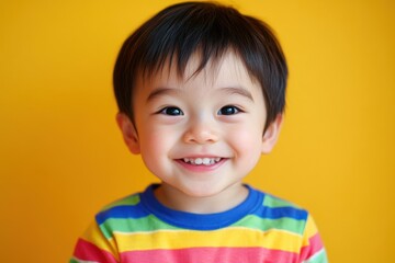 Joyful Child in Striped T-Shirt Expressing Excitement Against a Bright Yellow Backdrop