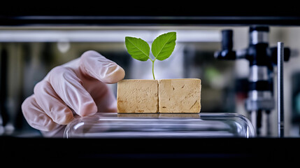 Gloved hand pointing at two organic bricks with growing plant in industrial research laboratory, promoting sustainable construction and eco friendly materials