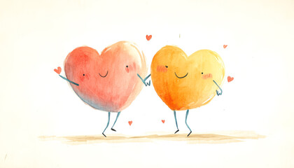 Two adorable watercolor hearts holding hands with blushing faces, symbolizing love, friendship, and affection. Concept of romance, unity, and happiness
