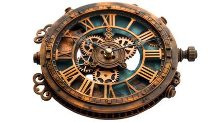 Bronze Wall Clock Teal Accent, Antique Gear Design for Modern Home Decor, isolated on transparent background.