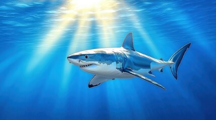 Fototapeta premium A majestic great white shark swimming towards the camera in an underwater shot with sun rays penetrating the water.