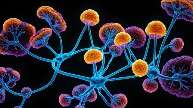 Molecules of Candida auris fungal infect. Exploration of Vibrant Microscopic Life in a Surreal, Neon World Teeming With Colorful Fungal Organisms