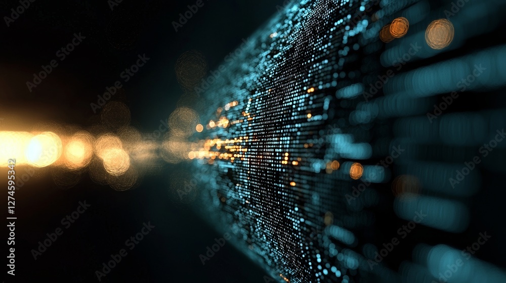 Poster a futuristic setting featuring abstract technological elements, big data, and digital code, set agai