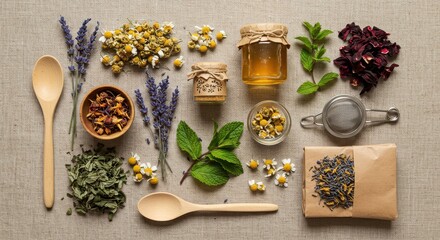 Organic Herbal Tea Ingredients with Dried Flowers, Wooden Spoons, and Honey on Linen Background

