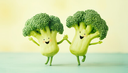 Two cheerful anthropomorphic broccoli characters holding hands and dancing, symbolizing health, friendship, and nutrition. Concept of healthy eating, joy, and togetherness