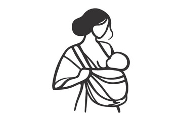 Minimalist black and white line art of a mother with a baby sling