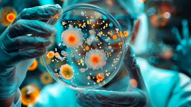 Scientist virologist, microbiologist studies cultures of microorganisms