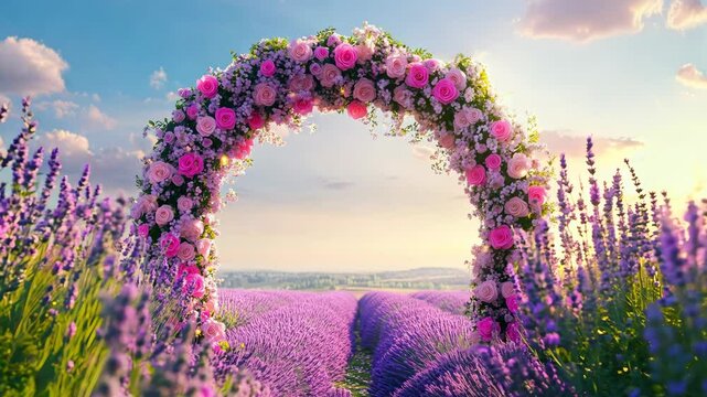 A floral arch adorned with roses frames a vast lavender field under a pastel sky during the golden hour, creating a peaceful wedding setting