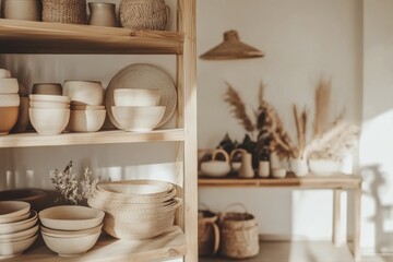 Minimalist scandinavian inspired kitchen with natural wooden elements and earthy accents