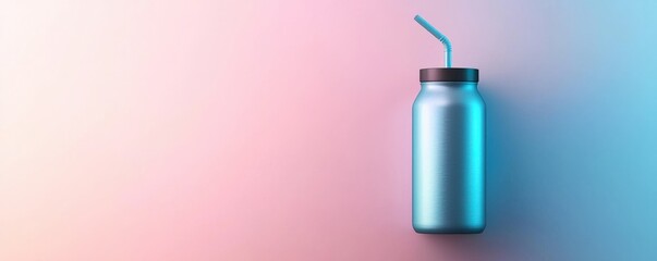 A sleek, blue jar with a straw sits against a soft pink gradient background, creating a modern and refreshing vibe.