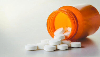 Pills are spilling out of the orange bottle. Medical bottle with white pills on white background, closeup. Space for text. Prescription drugs