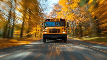 Obraz premium School bus driving on autumn road surrounded by colorful trees