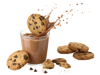 Chocolate milk splashing with cookies in action