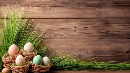 A rustic Easter border featuring a wooden background, woven baskets of eggs, and fresh spring grass.