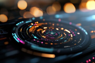 The image depicts a digital interface with a holographic padlock on a dark blue backdrop