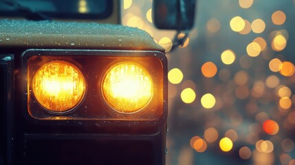 Close-up of train headlights with blurred city bokeh lights at night