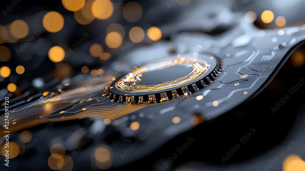 Poster a futuristic device with abstract design, featuring orange and yellow digital components on a circui