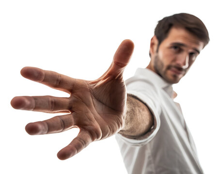 Man reaching out hand to camera