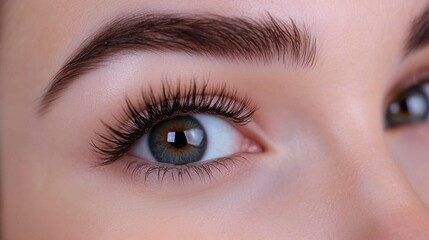 Obraz premium Intense Close-Up: Young Woman Blinks and Smiles, Capturing Her Expressive Gaze and Lush Eyelashes