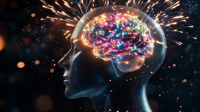 Dynamic brain activity representing human creativity, ideas, and positive emotions in a captivating display over dark backdrop