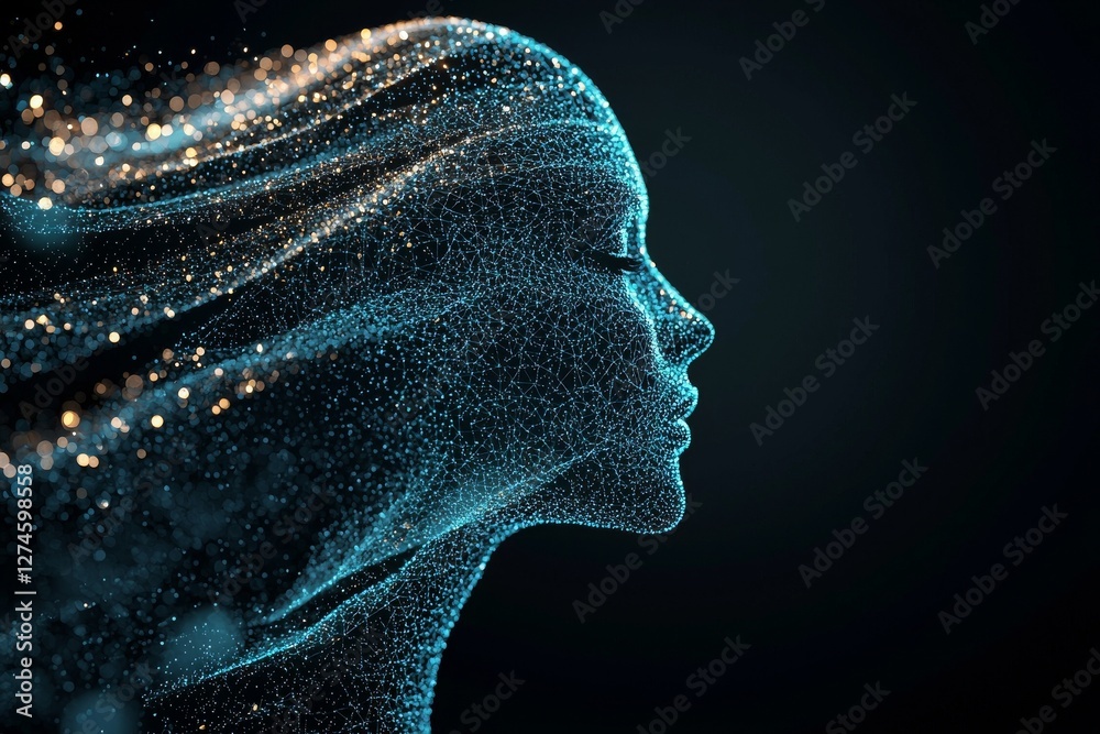 Poster a dark backdrop features an abstract polygonal head outline with a mock-up placeholder, symbolizing 