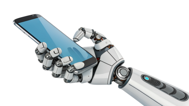 Robotic hand interacts with a smartphone screen