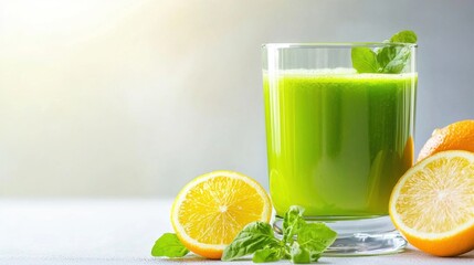 Fototapeta premium Detox diet with a glass of green juice, fresh herbs, and citrus fruits