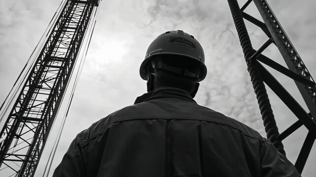 backview of half body unrecogizable construction worker / engineer on a construction site; man in hard helmet is looking arround; black & white footage