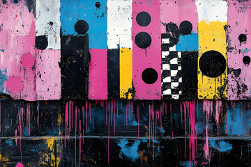 Colorful painted metal wall art, abstract design, urban scene, possible use in background for posters or wall decor