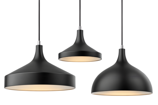 Three modern pendant lamps hanging from ceiling