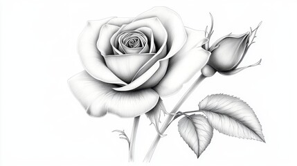 Elegant black and white rose drawing with intricate line work and shading details