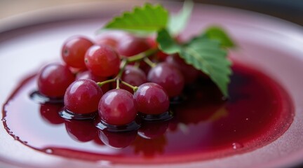 Juicy red grapes in a rich, sweet sauce, presented on a stylish plate, capturing the essence of natural freshness and flavor.