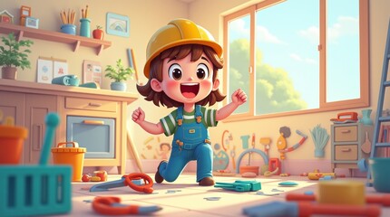 Anime-style illustration of a cheerful character working on a house renovation, surrounded by colorful tools and materials, representing the excitement of home improvement.