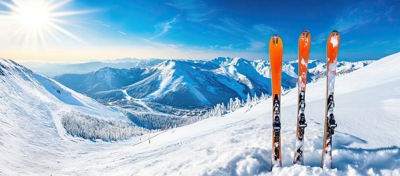 On a sunny day in South Tyrol, Solda, Italy, skiers explore the snowy mountain tops using backcountry equipment for ski touring