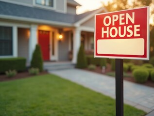 Bright and inviting "Open House" sign placed in front of a beautiful home, showcasing a welcoming atmosphere for potential buyers. 