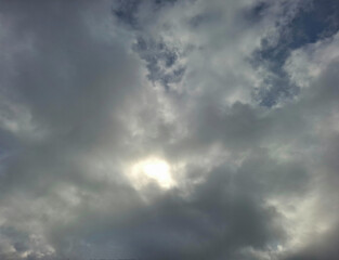 storm clouds on the sky
the whole sky is covered with gray clouds through which sun is peeping out