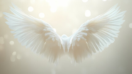 Ethereal white angel wings spread gracefully against a soft light background, symbolizing purity, divinity, and hope. Celestial Light Wings. Illustration