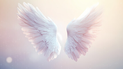 Fototapeta premium Ethereal white angel wings spread gracefully against a soft light background, symbolizing purity, divinity, and hope. Celestial Light Wings. Illustration