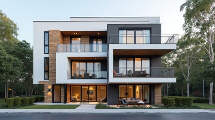 Minimalist modern apartment exterior with sleek lines and a balcony, emphasizing architectural design and urban living. 