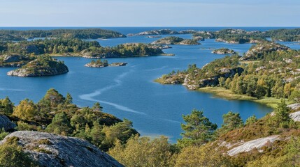 Obraz premium Scenic Archipelago View with Numerous Islands and Blue Water