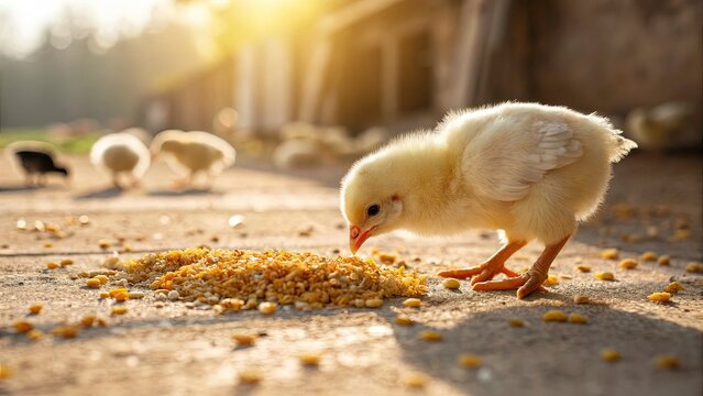 a playful baby chick pecking at scattered grains on the ground, bright natural lighting, blurred farmyard background with hints of other chicks, warm and lively springtime atmosphere - Powered by Adobe
