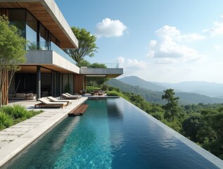 Fototapeta premium Stunning luxury villa with a modern design, featuring an infinity pool, lush gardens, and panoramic views, perfect for high-end real estate listings.