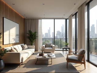 Fototapeta premium Stylish modern apartment interior featuring an open layout, contemporary furnishings, and large windows allowing natural light, perfect for real estate showcases.
