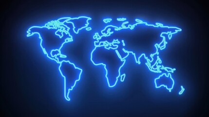 Minimalist world map outline in neon blue, modern and sleek design
